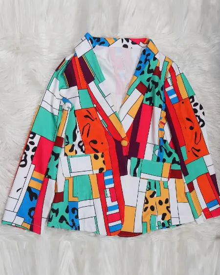 Plus Size Long Sleeve Blazer with Geometric Print & Shawl Collar