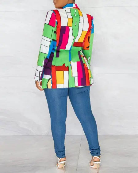 Plus Size Long Sleeve Blazer with Geometric Print & Shawl Collar