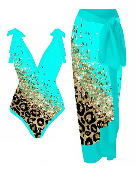 Leopard Print One-Piece Swimsuit & Cover Up Set with Contrast Design