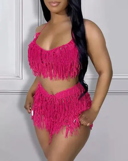 Crop Top & Shorts Set with Crochet & Tassels