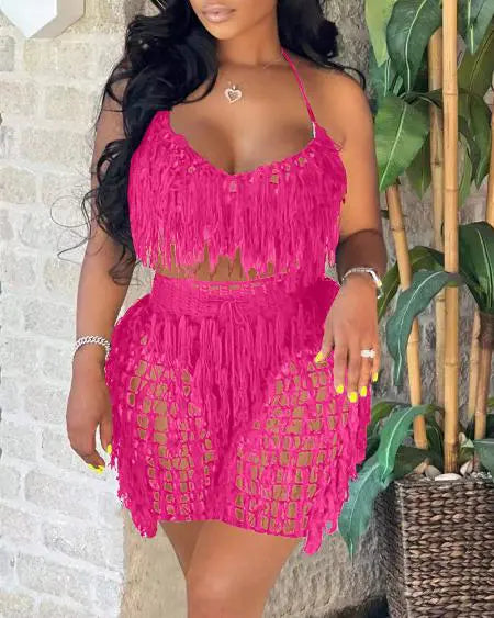 Crop Top & Shorts Set with Crochet & Tassels