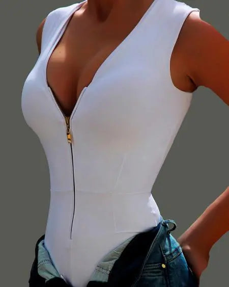 V-Neck Bodysuit with Front Zipper