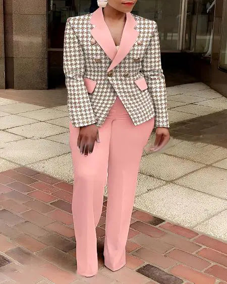 Plus Size Plaid Blazer & Pants with Shawl Collar