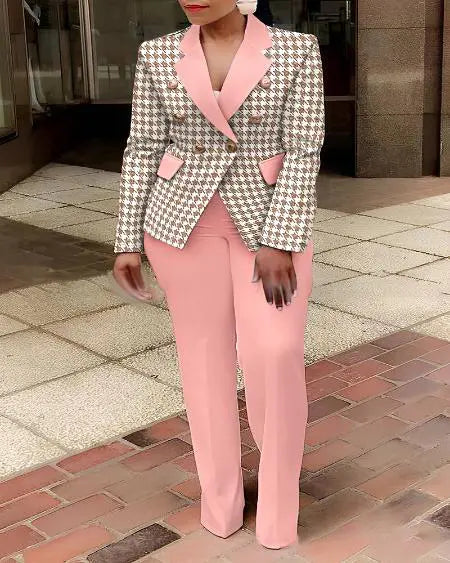 Plus Size Plaid Blazer & Pants with Shawl Collar