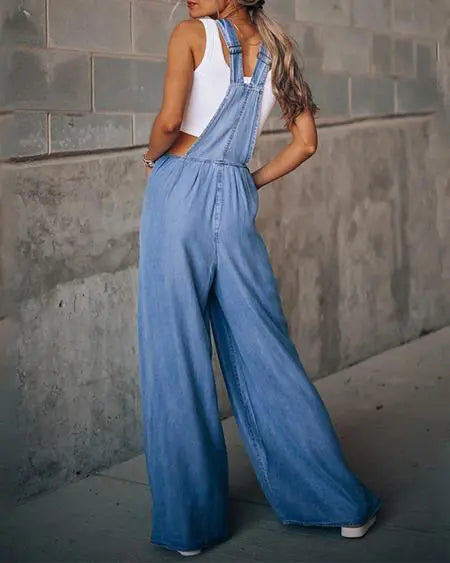 Denim Jumpsuit with Wide Legs and Pockets