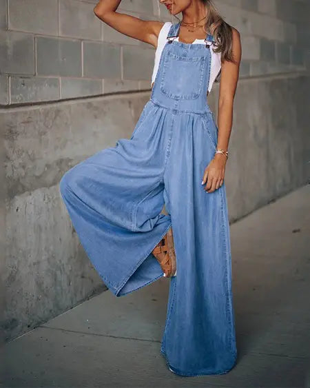 Denim Jumpsuit with Wide Legs and Pockets