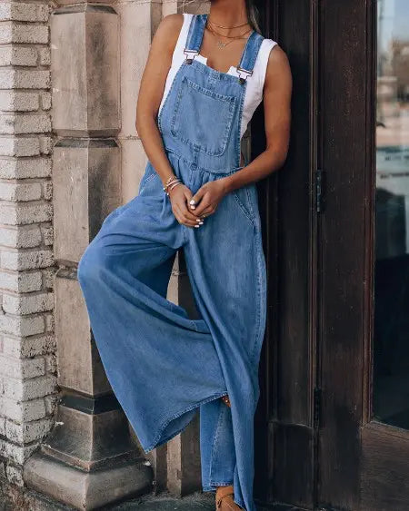 Denim Jumpsuit with Wide Legs and Pockets