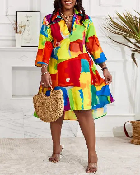 Plus Size Flowy Shirt Dress with Melting Colors Design