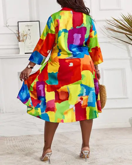 Plus Size Flowy Shirt Dress with Melting Colors Design