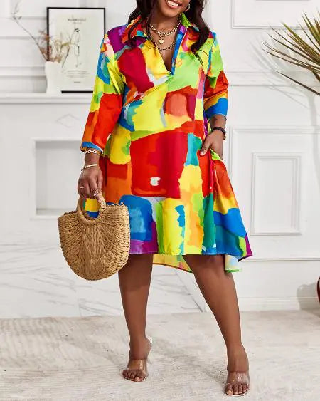 Plus Size Flowy Shirt Dress with Melting Colors Design
