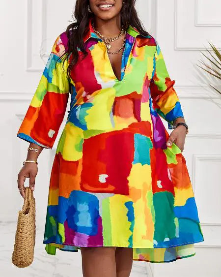 Plus Size Flowy Shirt Dress with Melting Colors Design