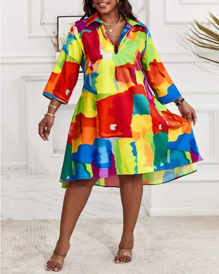 Plus Size Flowy Shirt Dress with Melting Colors Design