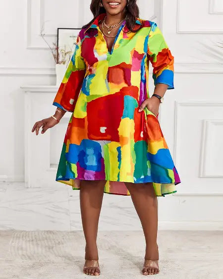 Plus Size Flowy Shirt Dress with Melting Colors Design