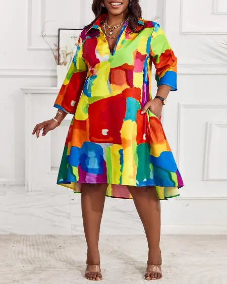 Plus Size Flowy Shirt Dress with Melting Colors Design