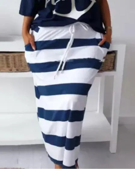 Plus Size Top & Skirt Set with Anchor & Stripes Design