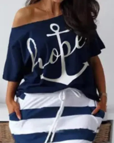 Plus Size Top & Skirt Set with Anchor & Stripes Design