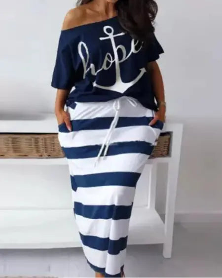Plus Size Top & Skirt Set with Anchor & Stripes Design