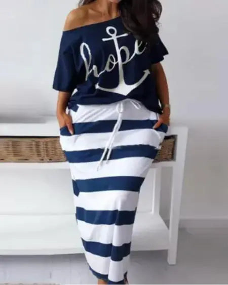 Plus Size Top & Skirt Set with Anchor & Stripes Design