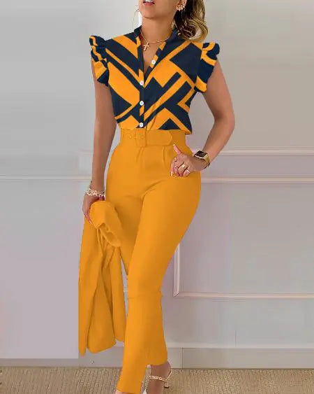 Flutter Sleeve Top & Pants Set with Geometric Print and Belt