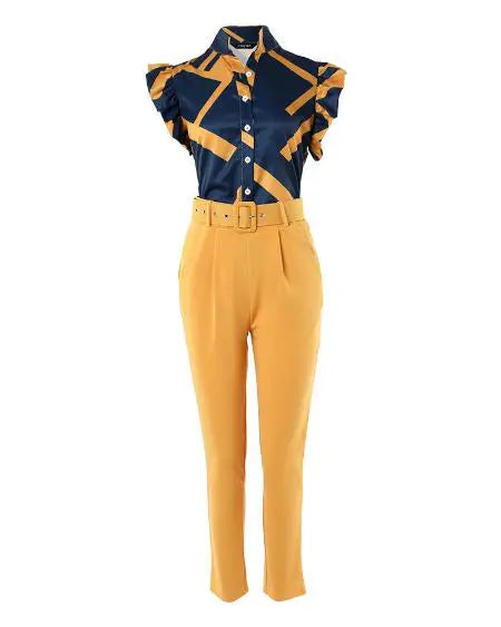 Flutter Sleeve Top & Pants Set with Geometric Print and Belt