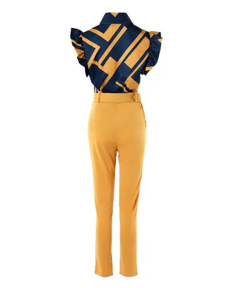 Flutter Sleeve Top & Pants Set with Geometric Print and Belt