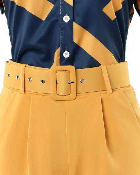 Flutter Sleeve Top & Pants Set with Geometric Print and Belt