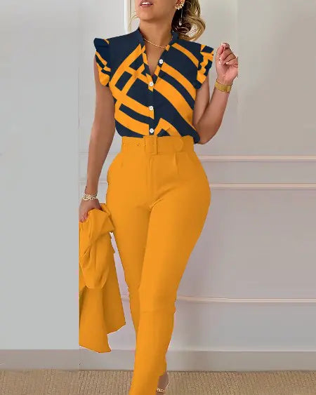 Flutter Sleeve Top & Pants Set with Geometric Print and Belt