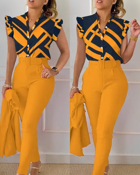 Flutter Sleeve Top & Pants Set with Geometric Print and Belt