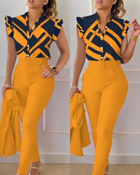 Flutter Sleeve Top & Pants Set with Geometric Print and Belt