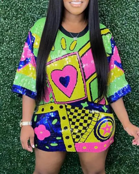 Casual jurk met pailletten en grafisch ontwerp 