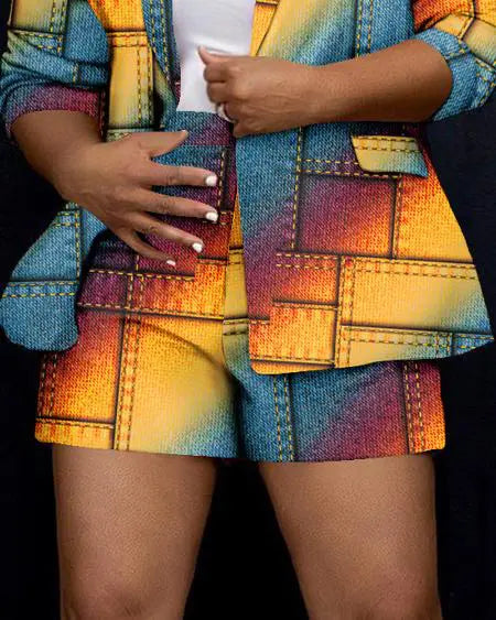 Denim Look Set: Rainbow Ombre Blazer Coat & Shorts