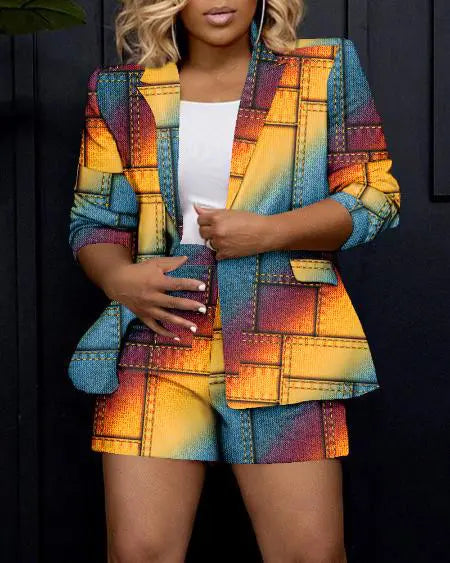 Conjunto estilo denim: abrigo y pantalones cortos tipo blazer con efecto degradado arcoíris 