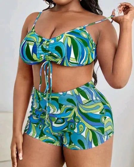 Plus Size Bikini Set with Tropical Print and Cover Up