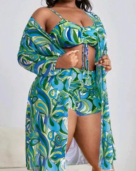 Conjunto de bikini de talla grande con estampado tropical y pareo 