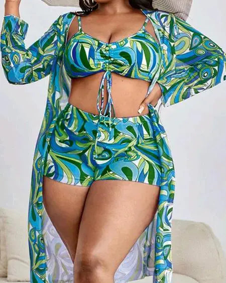 Plus Size Bikini Set with Tropical Print and Cover Up