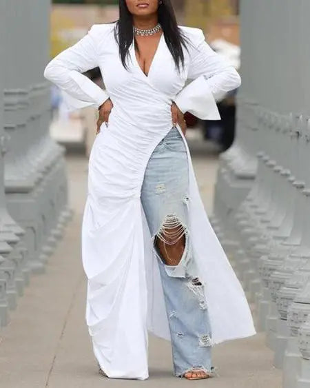 Plus Size Longline Top with Ruching & High Slit