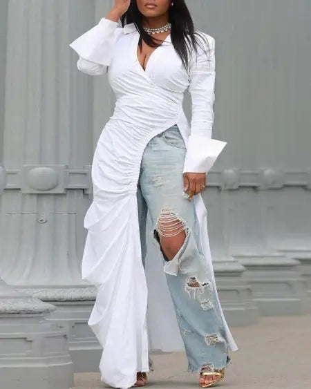 Plus Size Longline Top with Ruching & High Slit