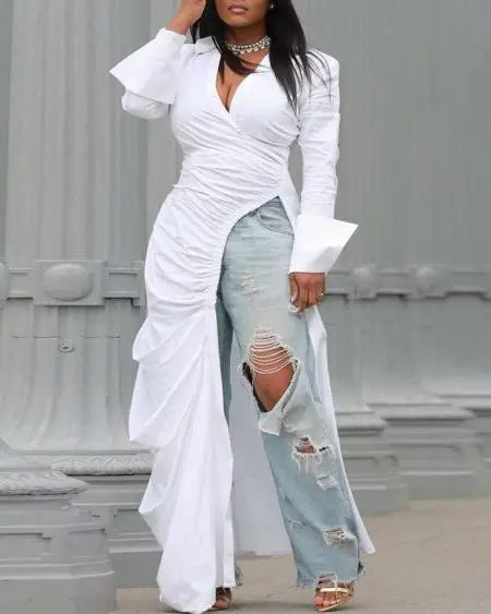 Plus Size Longline Top with Ruching & High Slit