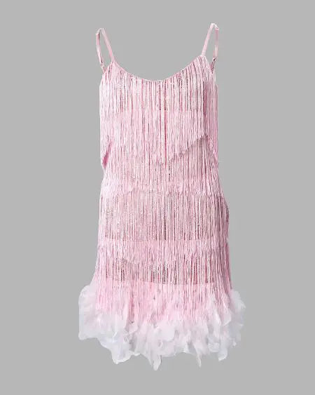 Party Dress with Spaghetti Straps Tassels & Feathers