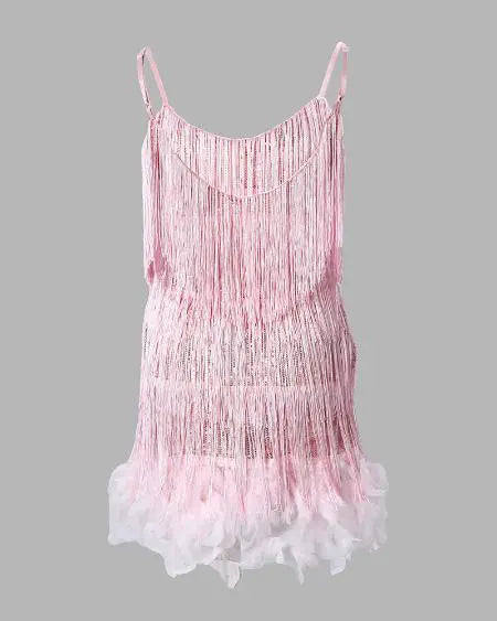 Party Dress with Spaghetti Straps Tassels & Feathers