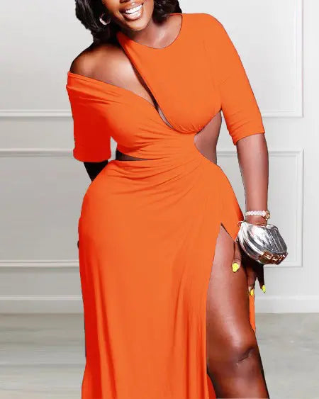 Maxi Dress with Asymmetrical Neck & Slit Design