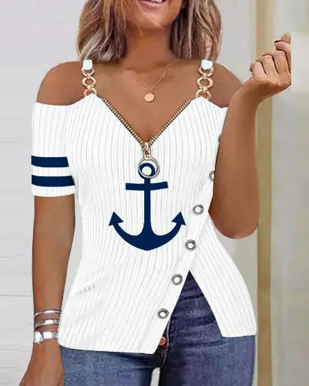 Cold Shoulder Top with Anchor Design & Zipper