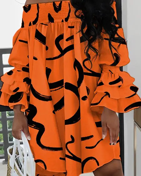 Off-shoulder jurk met abstracte print en plooien 