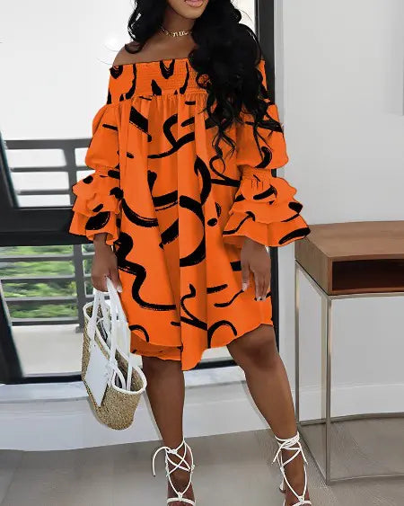 Off-shoulder jurk met abstracte print en plooien 