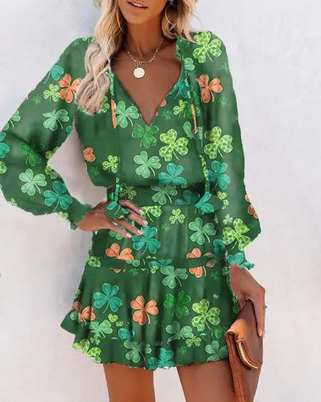 St. Patrick's Mini Dress with Clover Print and Long Sleeves