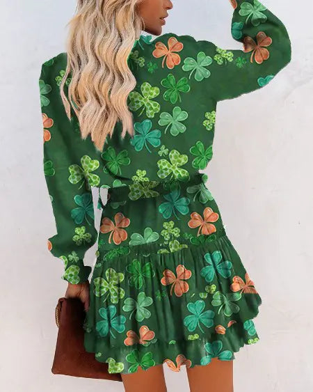 St. Patrick's Mini Dress with Clover Print and Long Sleeves