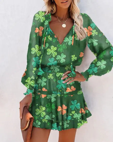 St. Patrick's Mini Dress with Clover Print and Long Sleeves