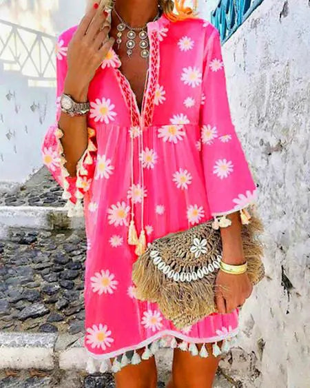 Casual jurk met madeliefjesprint en kwastjesontwerp 