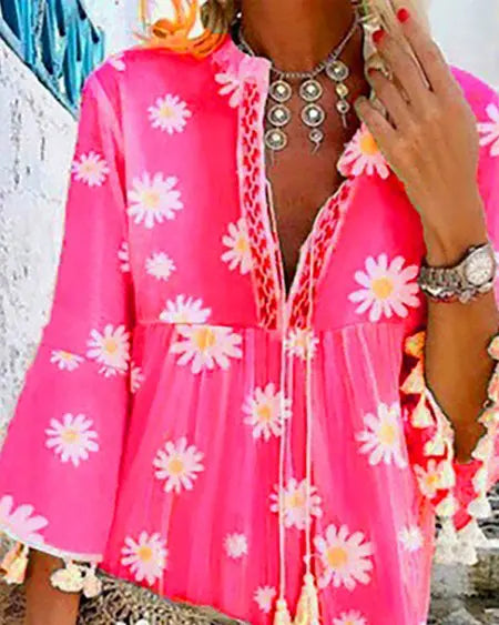 Casual Dress with Daisy Print and Tassel Design