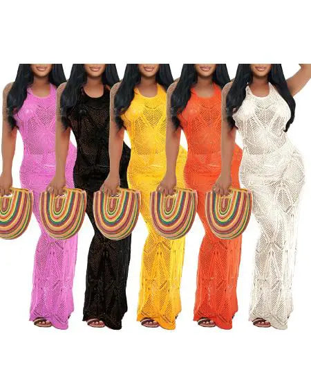Beach Dress Cover Up: Halter with Hollow-Out Crochet Design